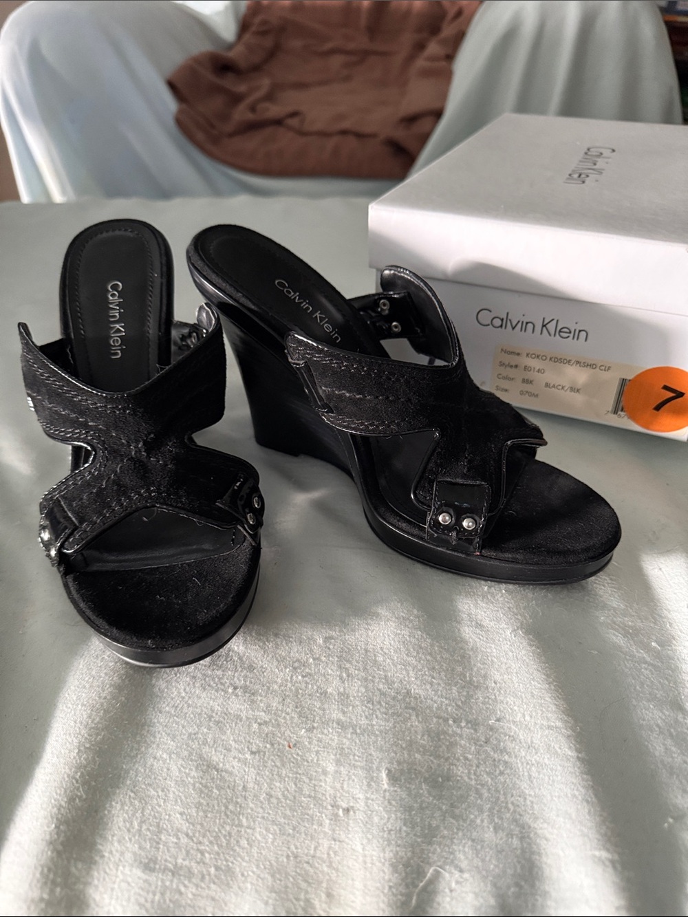 Calvin Klein Black Suede Wedge Sandals